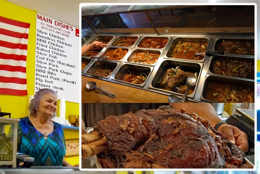 Mami at the original yellow counter on Crane Street next to a giant tray of pernil